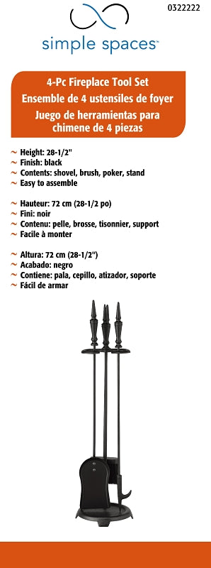 Simple Spaces T40100BK-C3L Fireplace Tool Set, Black, 4-Piece