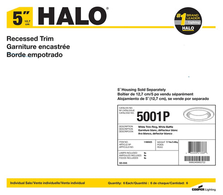 Halo 5001P Baffle Trim, 5 in Dia, 6-1/8 in OAH, Metal Body, White