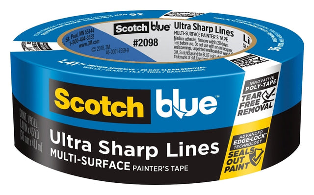 ScotchBlue 2098-36D Painter's Tape, 45 yd L, 1.4 in W, Polyurethane Backing, Blue