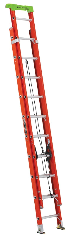 Louisville L-3022-20PT Extension Ladder, 240 in H Reach, 300 lb, 20-Step, 1-1/2 in D Step, Fiberglass, Orange