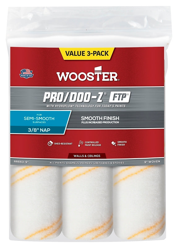 Wooster RR663-9 Roller Cover, 3/8 in Thick Nap, 9 in L, Woven Fabric Cover, White
