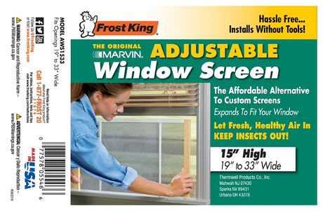 Frost King W.B. Marvin AWS1533 Window Screen, 15 in L, 19 to 33 in W, Aluminum