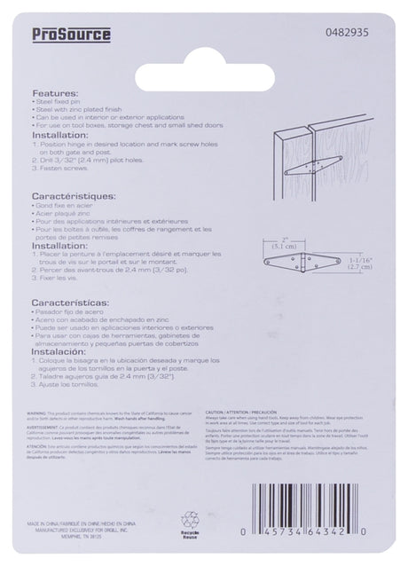 ProSource LSH-Z02-C2PS Strap Hinge, 1.2 mm Thick Leaf, Steel, 180 Range of Motion