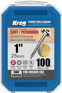 Kreg SML-C1 - 100 Screw, 1 in L, Coarse Thread, Maxi-Loc Head, Square Drive, Self-Drilling Point, Steel, Zinc, 100 PK