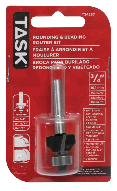 Task T24267 Series Router Bit, 1/2 in Dia, 3/4 in Dia Cutter, 1/4 in Dia Shank, Steel/Tungsten Carbide