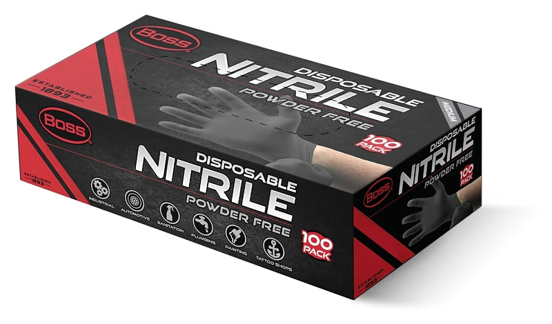 Boss B21051-M Disposable Gloves, 100 CT, M, Nitrile, Black