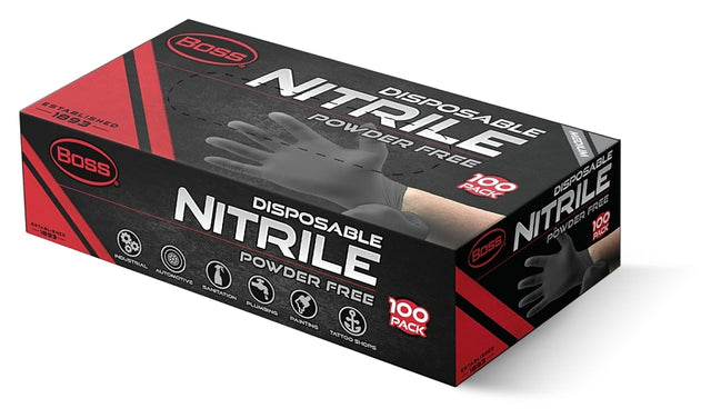 Boss B21051-M Disposable Gloves, 100 CT, M, Nitrile, Black