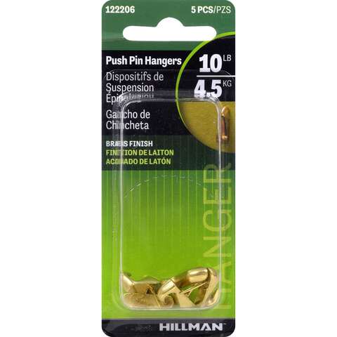 HILLMAN Brass-Plated Gold Push Pin Picture Hook 10 lb 5 pk, Pack of 10