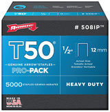 Arrow T50 Series 508IP Staple, For: ET50, ET50BN, ET50PBN Stapler, 3/8 in W Crown, 1/2 in L Leg