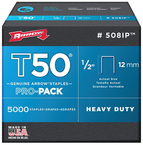 Arrow T50 Series 508IP Staple, For: ET50, ET50BN, ET50PBN Stapler, 3/8 in W Crown, 1/2 in L Leg