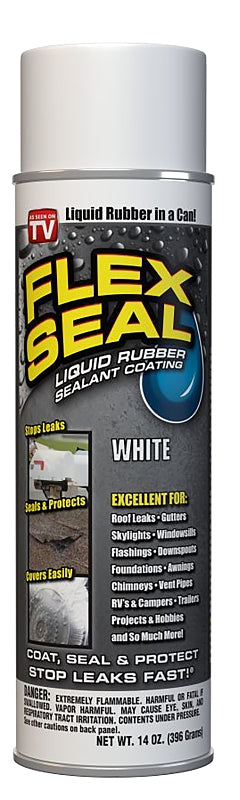 Flex Seal FSWHTR20 Rubberized Spray Coating, 2 to 12 sq-ft Coverage Area, White, 14 oz Can