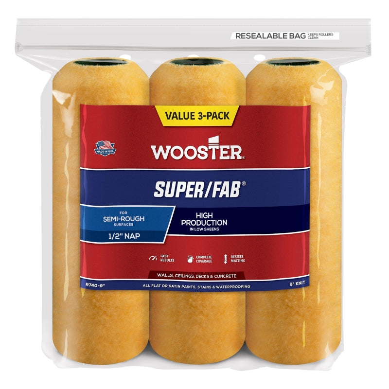 Wooster R740-9 Roller Cover, Gold/Yellow, 1/2 in Thick Nap, 9 in L, Fabric Cover, 3/PK