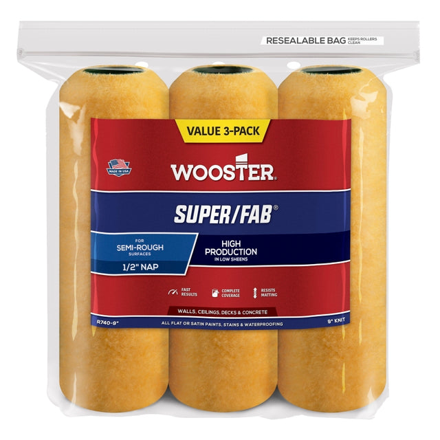 Wooster R740-9 Roller Cover, Gold/Yellow, 1/2 in Thick Nap, 9 in L, Fabric Cover, 3/PK