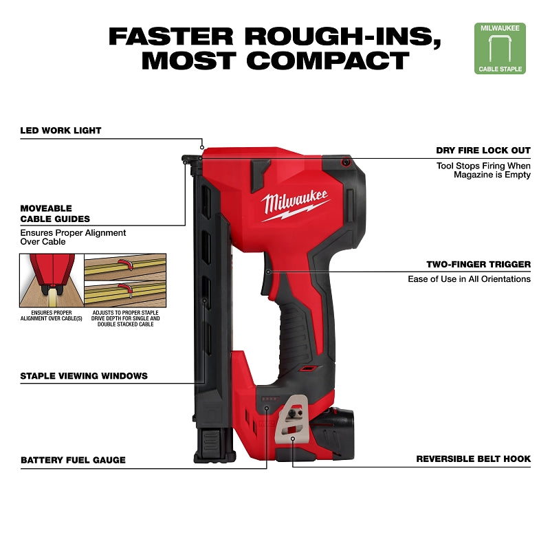 Milwaukee M12 2448-21 Cable Stapler Kit, Battery Included, 12 V, 2 Ah, 2.65 in W Crown, 6-1/2 in L Leg, 45 Magazine