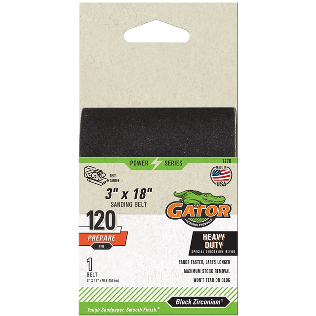 Gator 7770 Sanding Belt, 3 in W, 18 in L, 120 Grit, Fine, Zirconium Oxide Abrasive