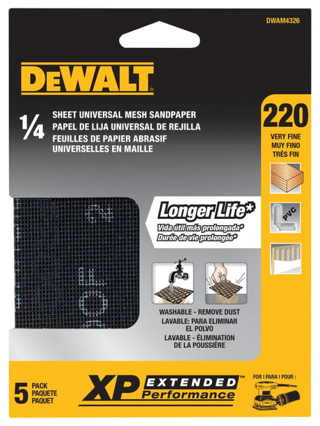 DEWALT DWAM4326 Mesh Sandpaper, 4-1/2 in W, 5-1/2 in L, 220 Grit, Very Fine, Silicon Carbide Abrasive
