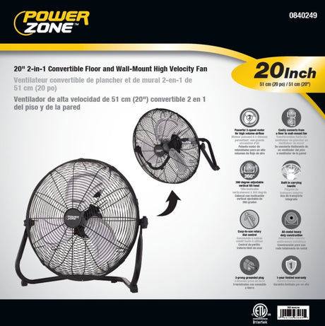 PowerZone LF-20 Floor Fan, 120 VAC, 20 in Dia Blade, 3-Blade, 3-Speed, 360 deg Rotating, Black