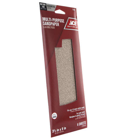 Ace 9 in. L X 3-2/3 in. W Assorted Grit Aluminum Oxide Sandpaper 6 pk, Pack of 10