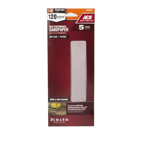 Ace 9 in. L X 3.66 in. W 120 Grit Aluminum Oxide Sanding Sheet 5 pk