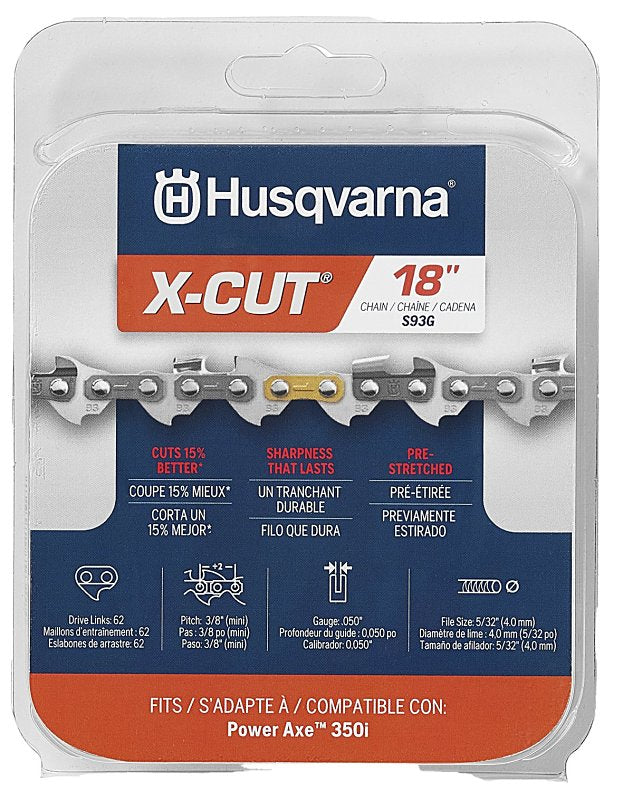 Husqvarna X-CUT 597 46 95-62 Chainsaw Chain, Semi-Chisel Chain, 18 in L Bar, 0.05 in Gauge, 3/8 in TPI/Pitch, 62-Link