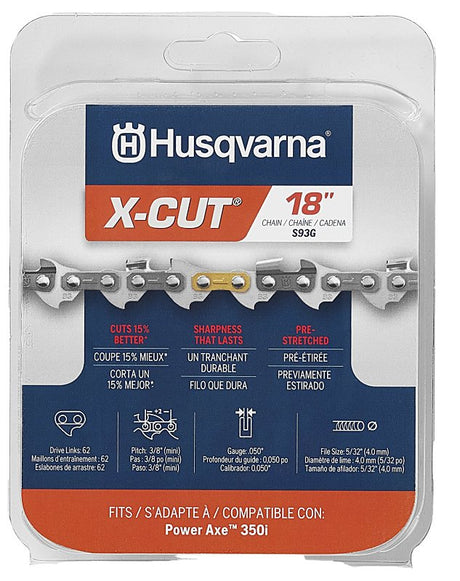 Husqvarna X-CUT 597 46 95-62 Chainsaw Chain, Semi-Chisel Chain, 18 in L Bar, 0.05 in Gauge, 3/8 in TPI/Pitch, 62-Link