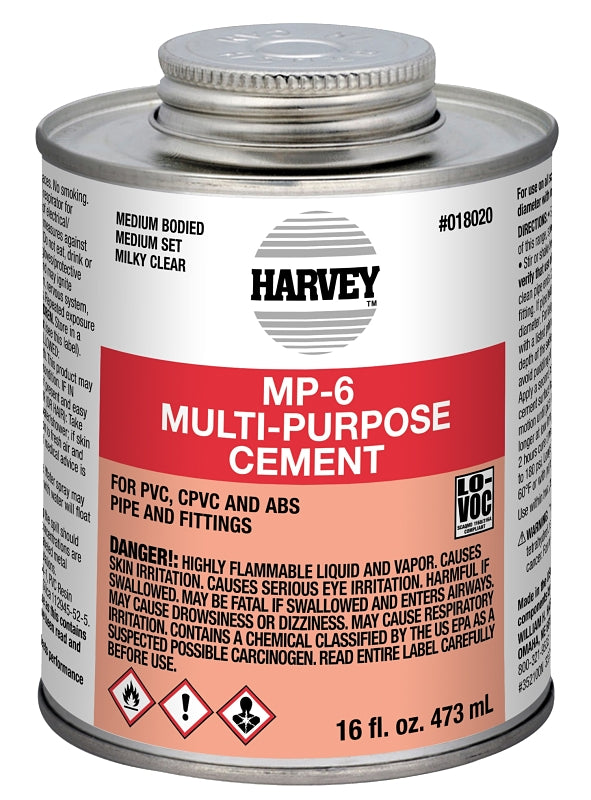 Harvey MP-6 Series 18020-12 Multi-Purpose Cement, 16 oz Can, Liquid, Milky Clear