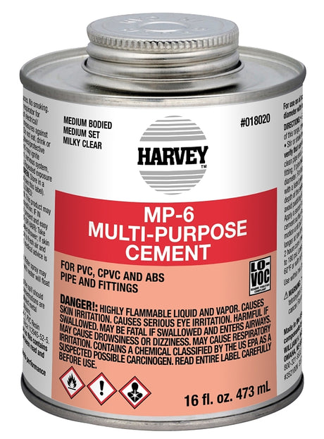 Harvey MP-6 Series 18020-12 Multi-Purpose Cement, 16 oz Can, Liquid, Milky Clear