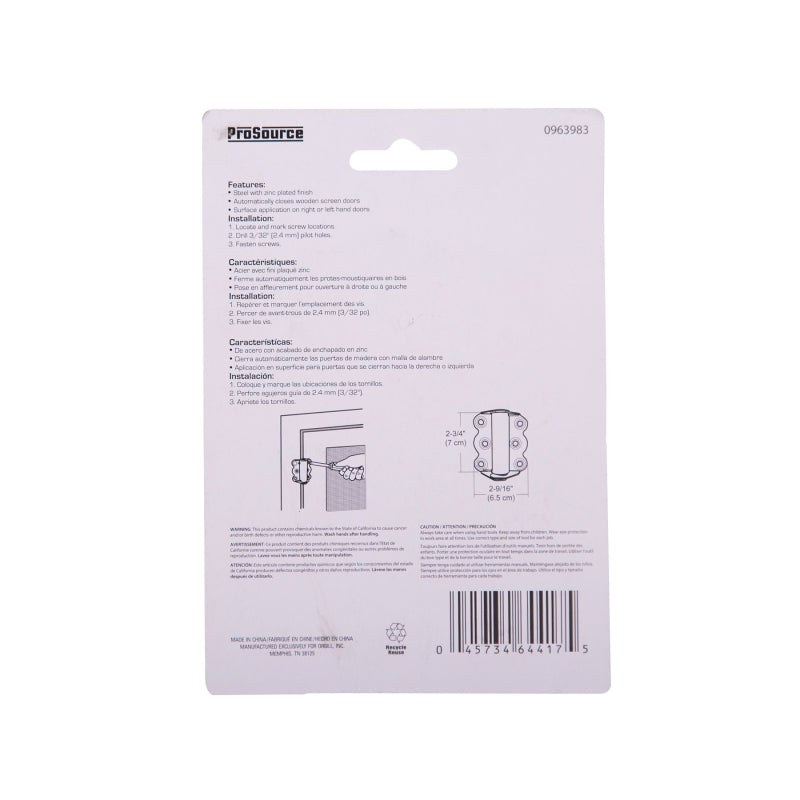 ProSource 20333ZCB-PS Spring Hinge, Steel, Zinc, 180 deg Range of Motion, Screw Mounting