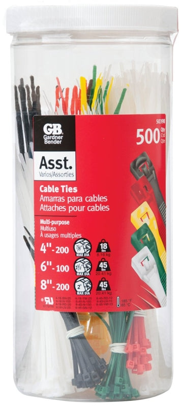 Gardner Bender 50398 Cable Tie, Double-Lock Locking, 4 in, 6 in, 8 in L, 500/PK