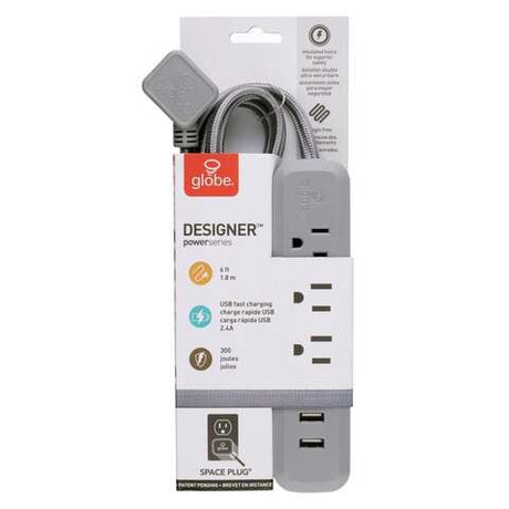Globe Electric Designer 6 ft. L 3 outlets Power Strip with USB Ports Gray 300 J, Pack of 8