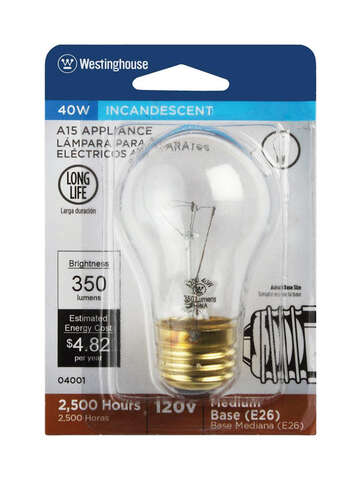 Westinghouse 40 W A15 Appliance Incandescent Bulb E26 (Medium) Warm White 1 pk, Pack of 6