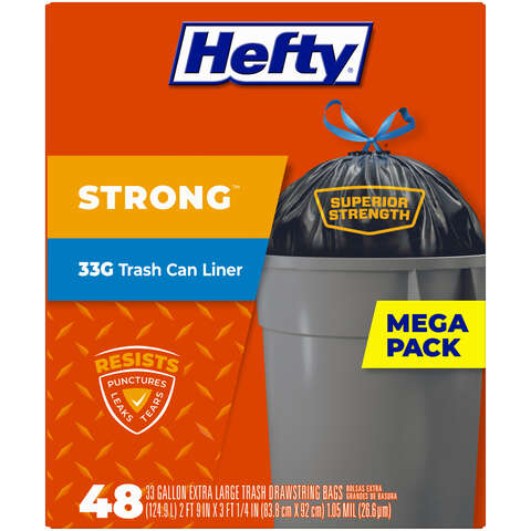 Hefty Extra Strong 33 gal No Scent Scent Trash Can Liners Drawstring 48 pk 1.05 mil, Pack of 3