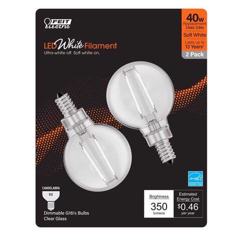 Feit White G16.5 E12 (Candelabra) Filament LED Bulb Soft White 40 Watt Equivalence 2 pk