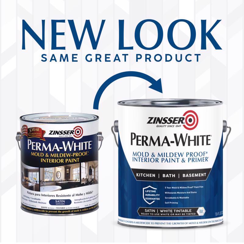 Zinsser Perma-White Satin White Water-Based Mold and Mildew-Proof Paint Interior 1 gal, Pack of 2