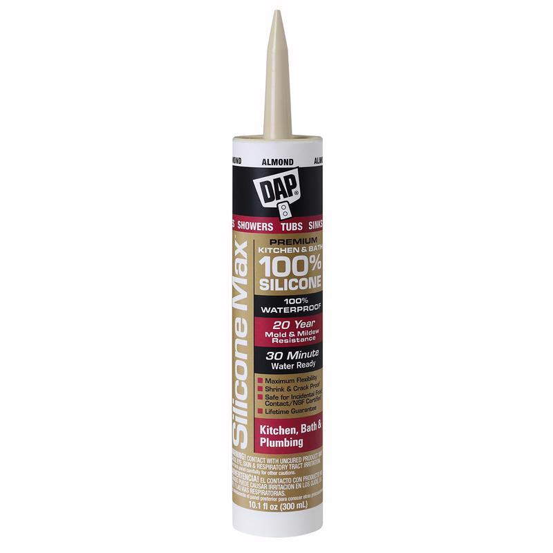 DAP SILICONE MAX 08793 Kitchen and Bath Sealant, Gloss Almond, 24 hr Curing, -35 to 140 deg F, 10.1 fl-oz Cartridge/Tube, Pack of 12