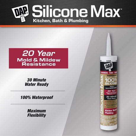 DAP Silicone Max Clear Silicone Kitchen and Bath Sealant 10.1 oz, Pack of 12