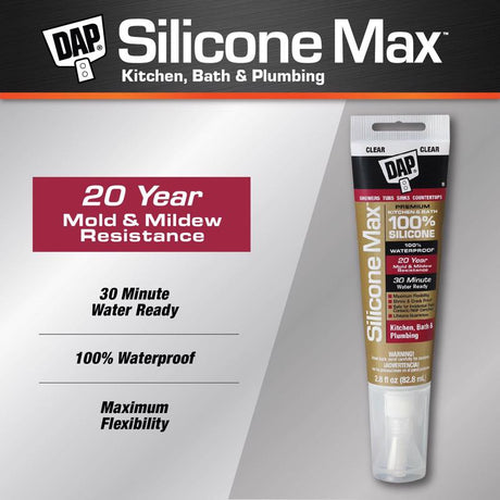 DAP Silicone Max Clear Silicone Kitchen and Bath Sealant 2.8 oz, Pack of 12