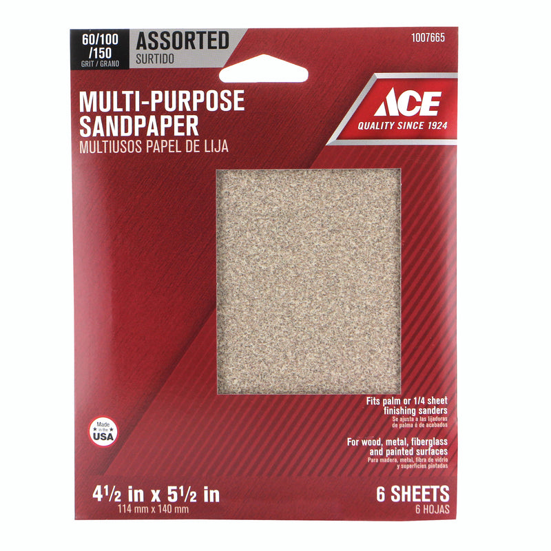 Ace 5.5 in. L X 4.5 in. W Assorted Grit Aluminum Oxide Sanding Sheet 6 pk, Pack of 10