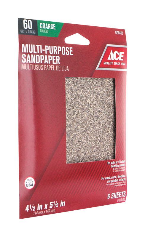 Ace 5-1/2 in. L X 4-1/2 in. W 60 Grit Aluminum Oxide 1/4 Sheet Sandpaper 6 pk, Pack of 10