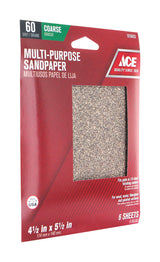 Ace 5-1/2 in. L X 4-1/2 in. W 60 Grit Aluminum Oxide 1/4 Sheet Sandpaper 6 pk, Pack of 10