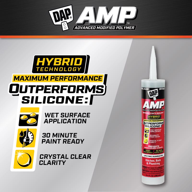 DAP AMP Crystal Clear Polymer Advanced Hybrid Caulk Sealant 9 oz, Pack of 12