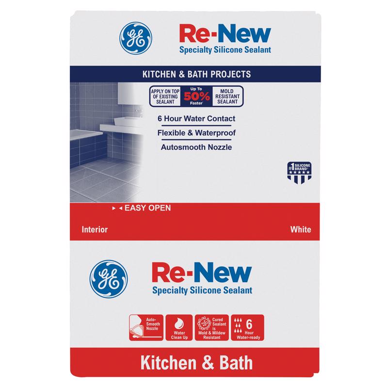 GE Re-New White Silicone Kitchen and Bath Caulk Sealant 9.5 oz, Pack of 12