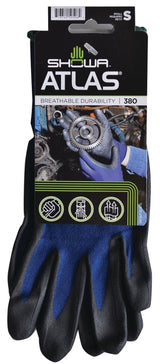 Showa 380S-06.RT Coated Gloves, S, 8-21/32 to 10-15/64 in L, Elastic Cuff, Nitrile Foam Coating, Black/Blue