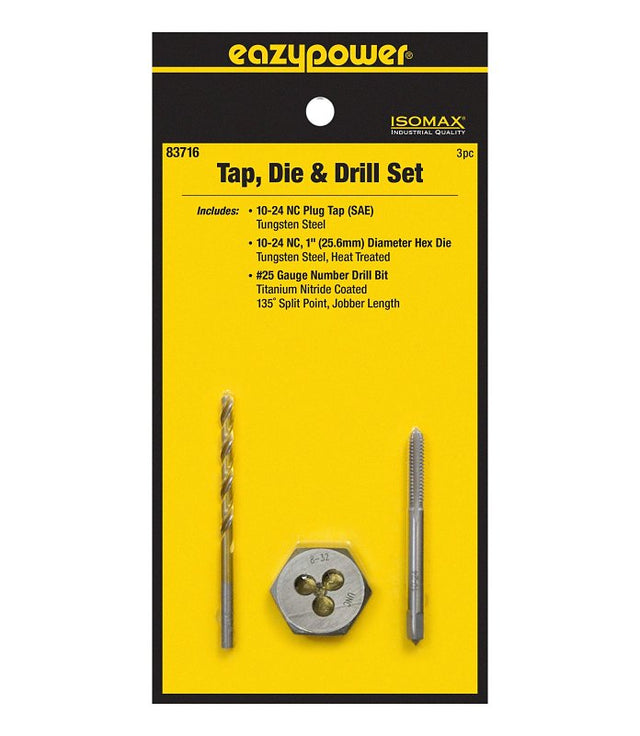 Eazypower 83716 Tap Die and Drill Set, 3-Piece, Tungsten Steel, Titanium