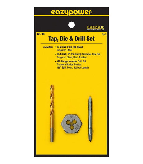 Eazypower 83718 Tap Die and Drill Set, 3-Piece, Tungsten Steel, Titanium