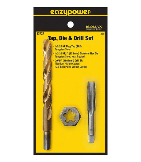 Eazypower 83727 Tap Die and Drill Set, 3-Piece, Tungsten Steel, Titanium Nitride-Coated