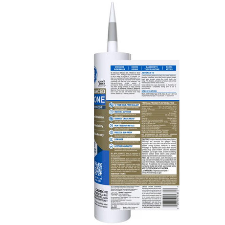 GE Advanced Light Gray Silicone 2 Window and Door Caulk Sealant 10.1 oz, Pack of 12