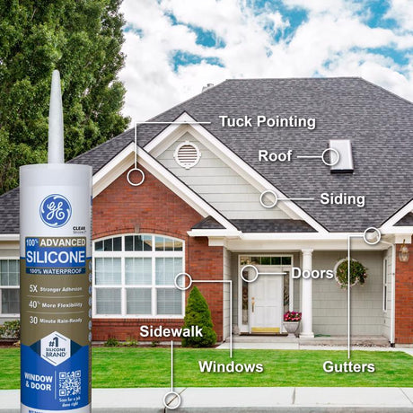GE Advanced Light Gray Silicone 2 Window and Door Caulk Sealant 10.1 oz, Pack of 12