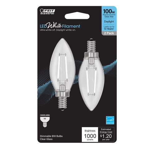 Feit White B10 E12 (Candelabra) Filament LED Bulb Daylight 100 Watt Equivalence 2 pk