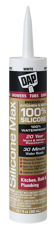 DAP 08667 Kitchen and Bath Sealant, Gloss White, 24 hr Curing, -35 to 140 deg F, 10.1 fl-oz Cartridge, Tube